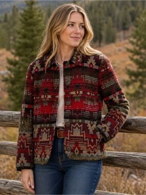 NWT COLDWATER CREEK Petite 14 Jacket Red Brown Southwest Aztec Native Wool Blend